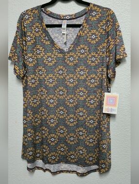 LuLaRoe Short Sleeve V-Neck Top - Gray with Yellow Aztec Pattern